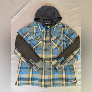 CAT Caterpillar Hooded Insulated Flannel Shirt Jacket Plaid Quilted Workwear L